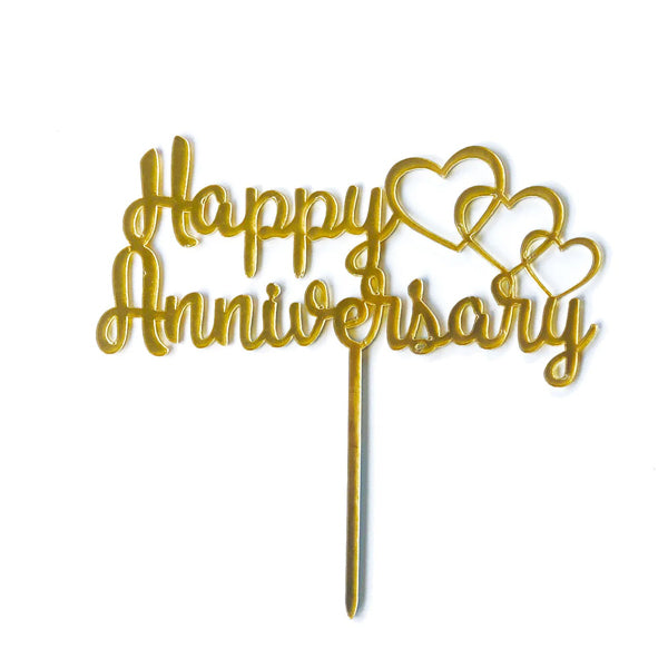 Gold Acryllic Happy Anniversary With Hearts Cake Topper