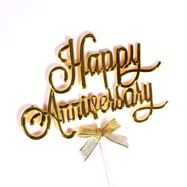Gold Acrylic Happy Anniversary With Bow Cake Topper