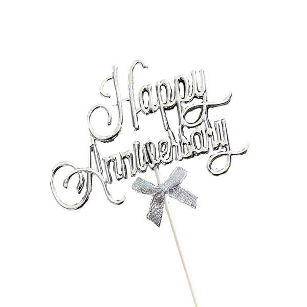 Silver Acrylic Happy Anniversary With Bow Cake Topper