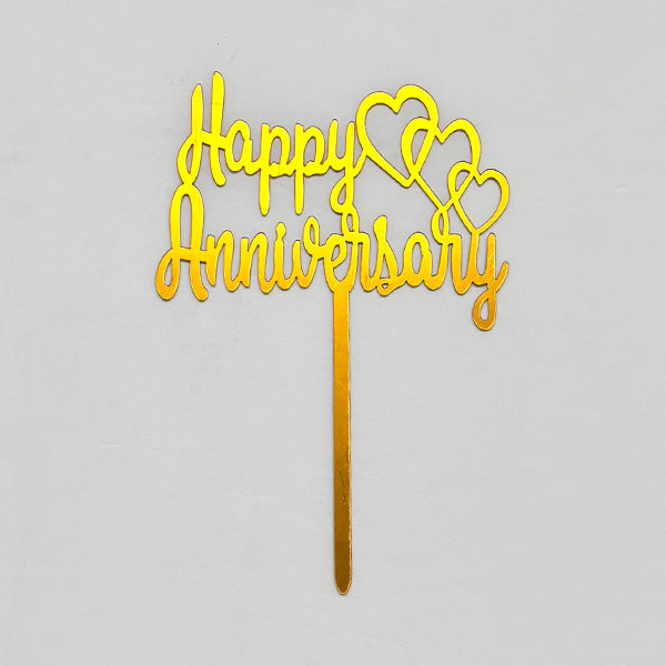 Gold Acrylic Happy Anniversary With Hearts Cake Topper