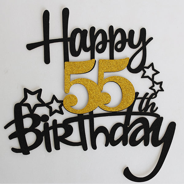 Black & Gold Glitter Happy 55th Birthday Cake Topper