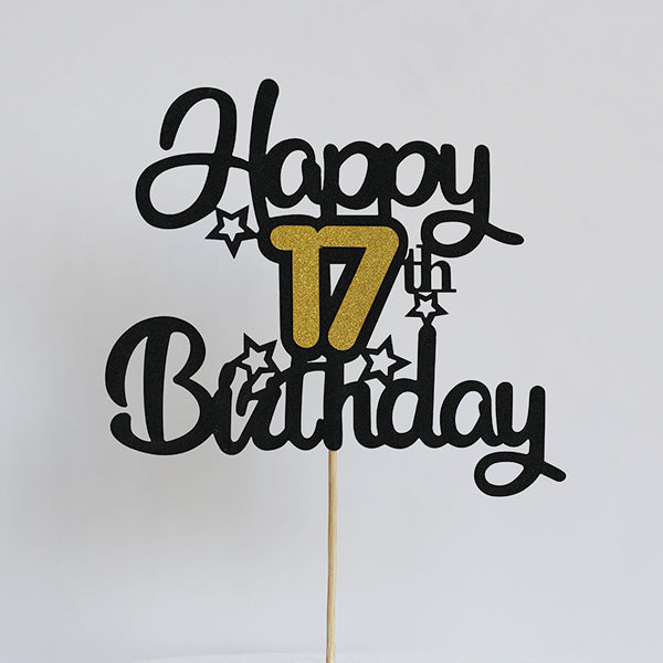 Black & Gold Glitter Happy 17th Birthday Cake Topper