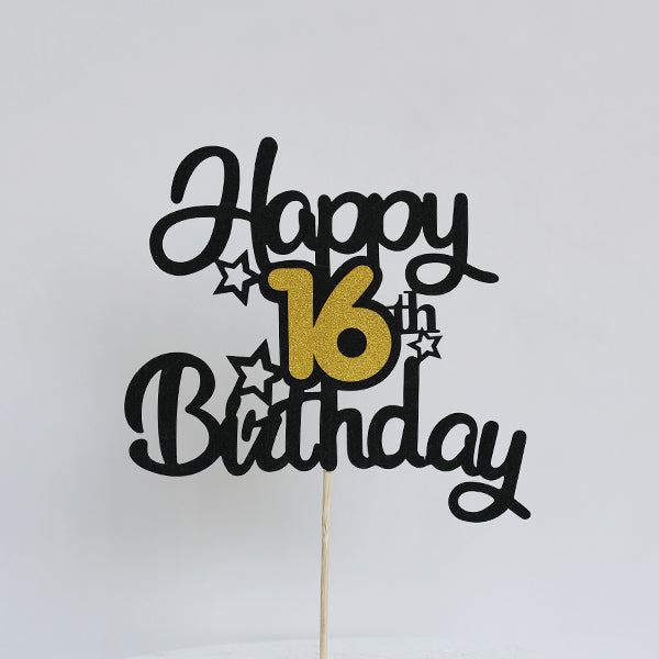 Black & Gold Glitter Happy 16th Birthday Cake Topper