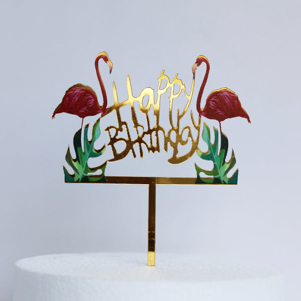 Gold Acrylic Happy Birthday Flamingo Cake Topper