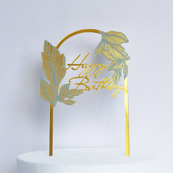 Gold Acrylic Happy Birthday Cake Topper With Gold Leaves