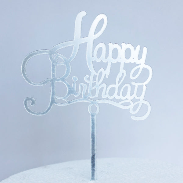 Silver Acrylic Happy Birthday Cursive Cake Topper
