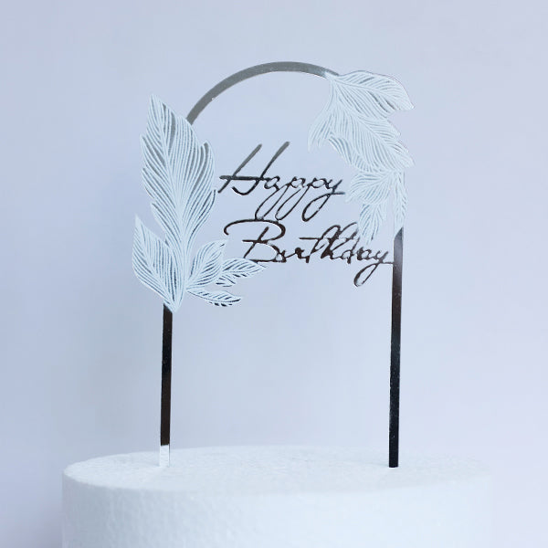 Silver Acrylic Happy Birthday Cake Topper With White Leaves