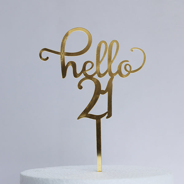 Gold Acrylic Hello 21 Cake Topper