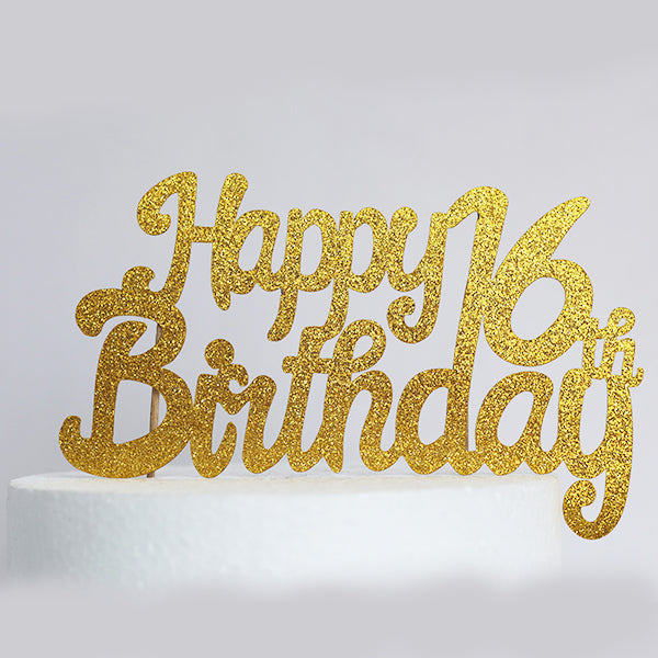 Gold Glitter Happy 16th Birthday Cake Topper