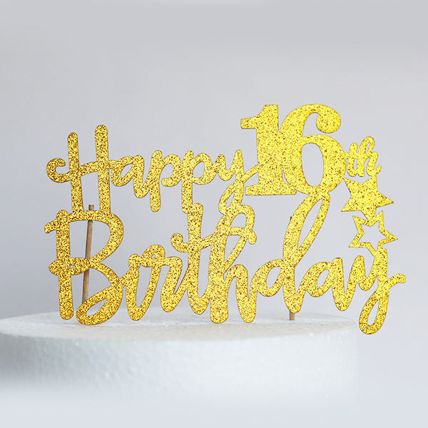 Gold Glitter Happy 16th Birthday Cake Topper
