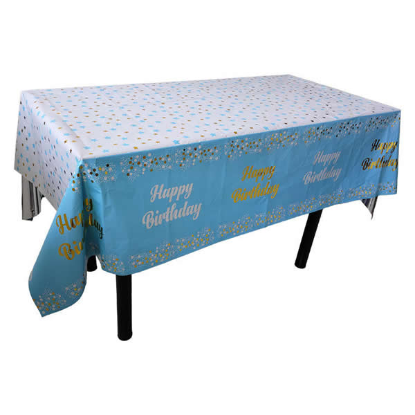 Blue Plastic Tablecover With Happy Birthed Printed in Gold