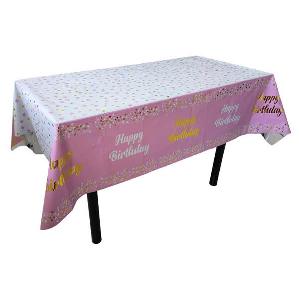 Pink Plastic Tablecover With Happy Birthday Printed