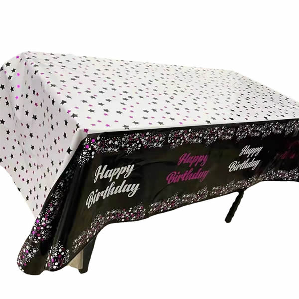 Black Plastic Tablecover With Happy Birthday Printed in Pink/White