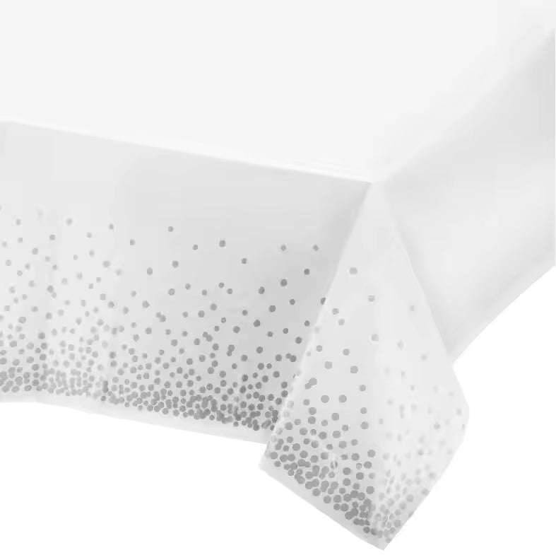 White Plastic Tablecover With Silver Dots