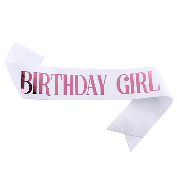 Sash Birthday Girl White with rose gold text