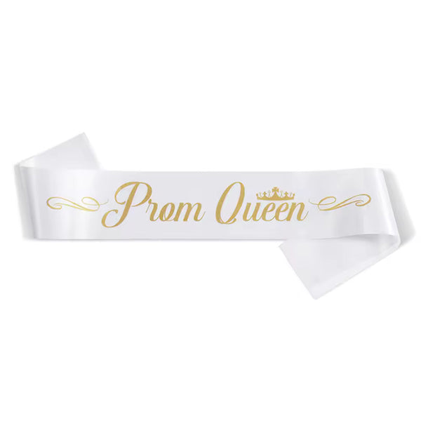 White Prom Queen Sash With Gold Text