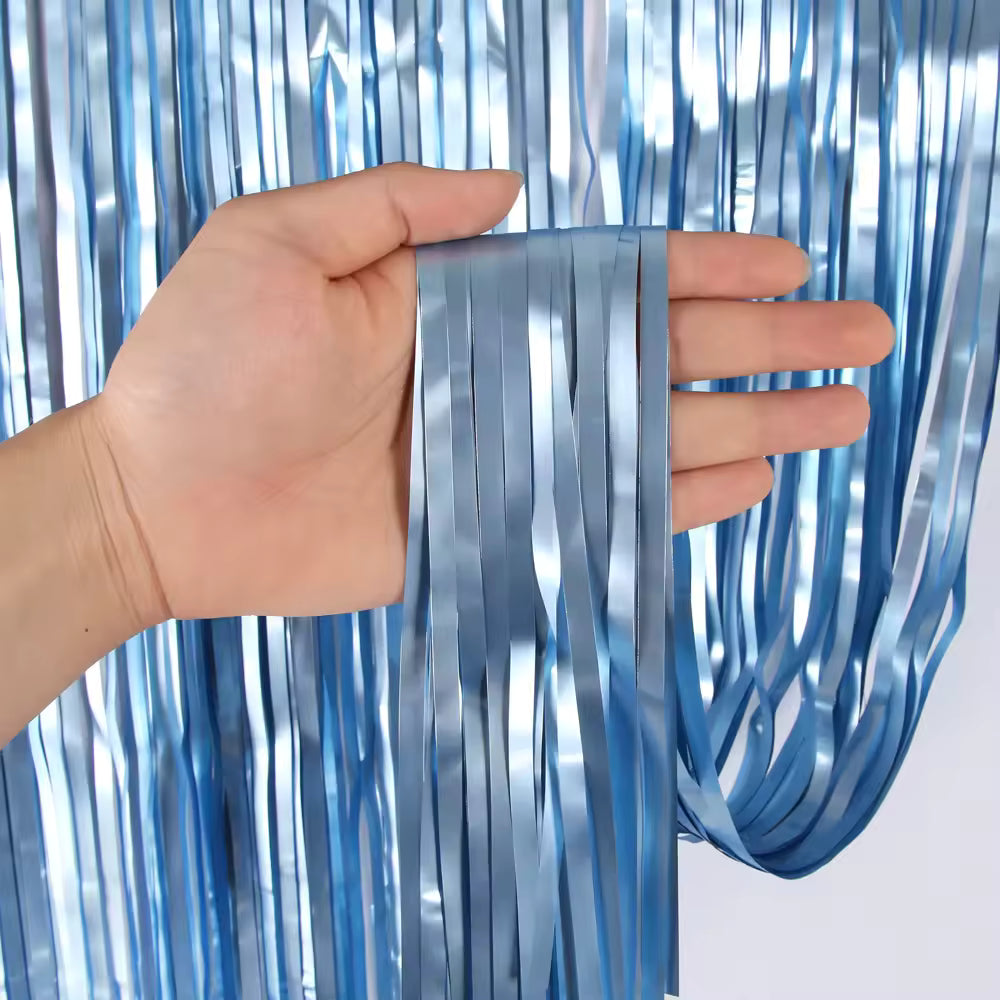 Matte Light Blue Foil Fringe Curtain
