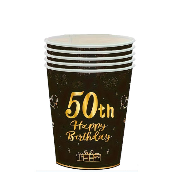 50th Happy Birthday Black & Gold Paper Cups