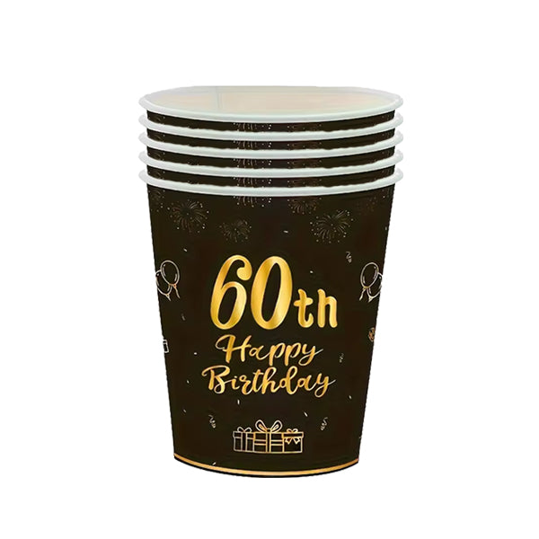 60th Happy Birthday Black & Gold Paper Cups