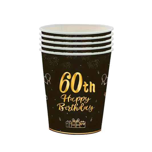 60th Happy Birthday Black & Gold Paper Cups
