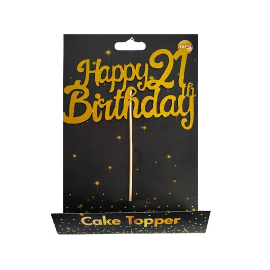 Happy 21 Birthday Glitter Cake Topper Gold