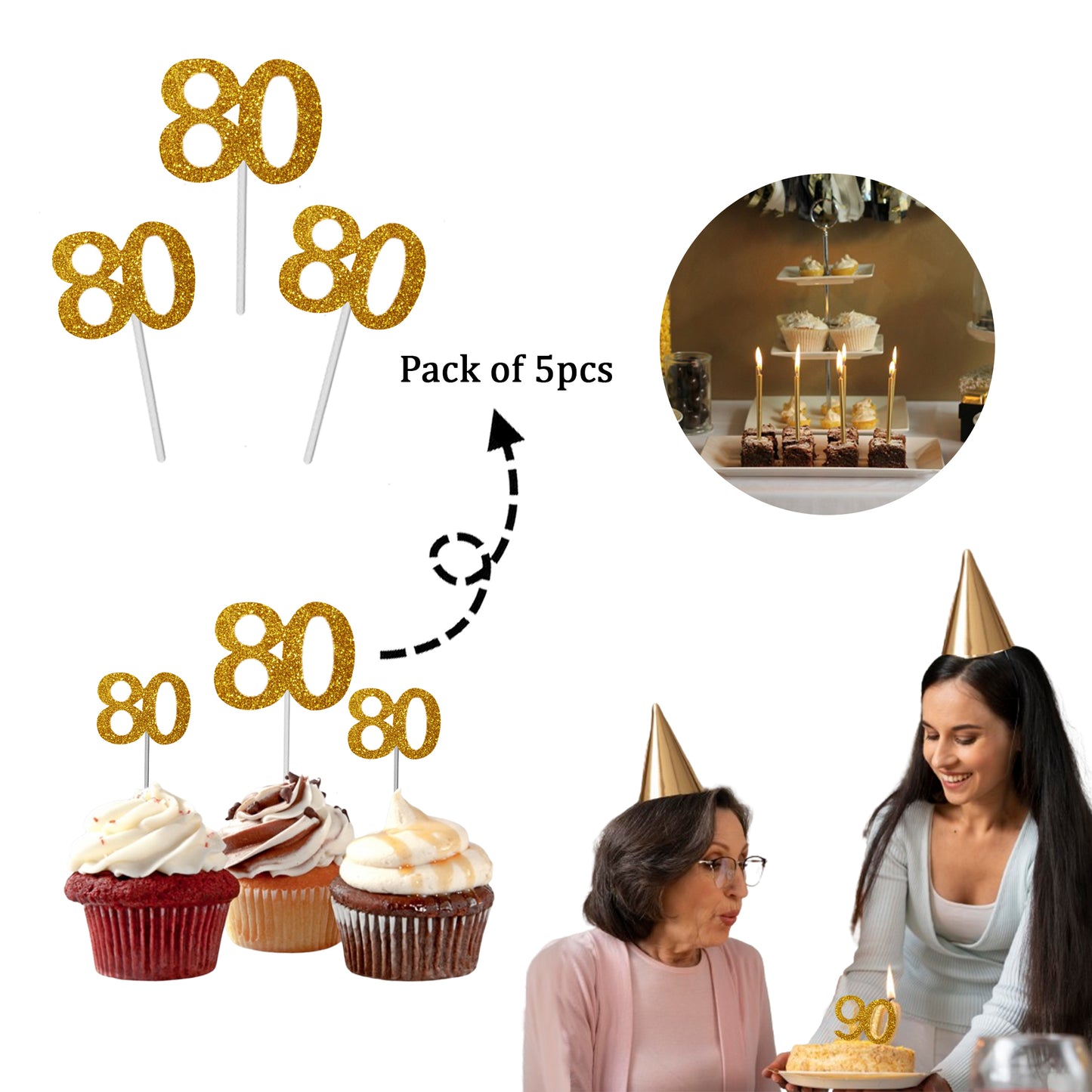 Number 80 Cup Cake Topper Gold & silver