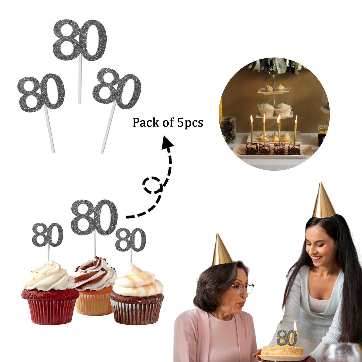 Number 80 Cup Cake Topper Silver