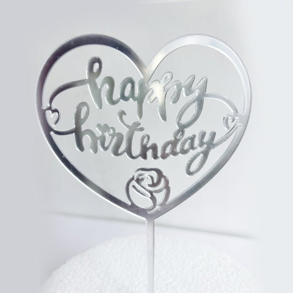 Heart Shape Silver Happy Birthday Cake Topper