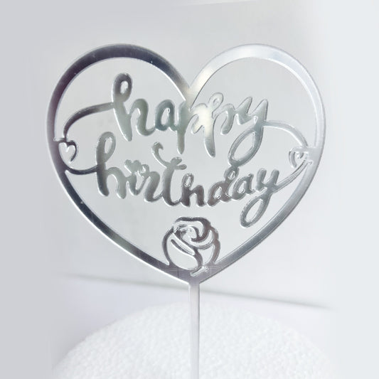 Heart Shape Silver Happy Birthday Cake Topper