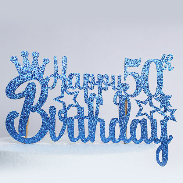 Blue Glitter Happy 50th Birthday Cake Topper