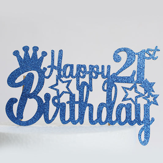 Blue Glitter Happy 21st Birthday Cake Topper