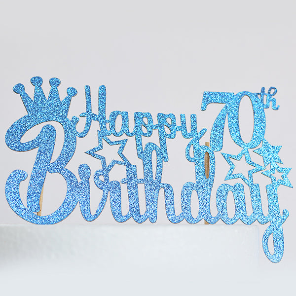 Blue Glitter Happy 70th Birthday Cake Topper