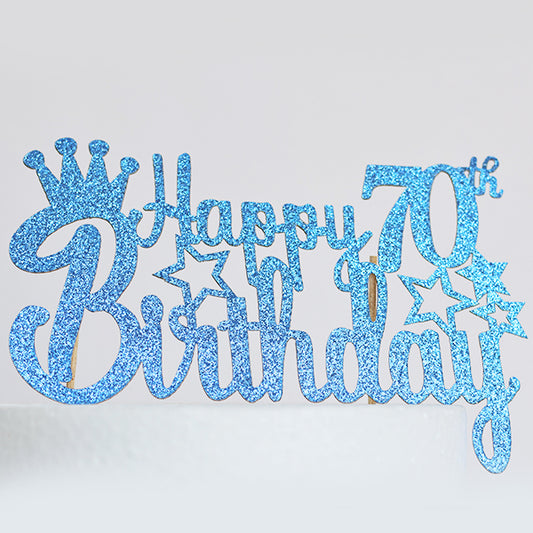 Blue Glitter Happy 70th Birthday Cake Topper