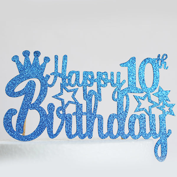 Blue Glitter Happy 10th Birthday Cake Topper