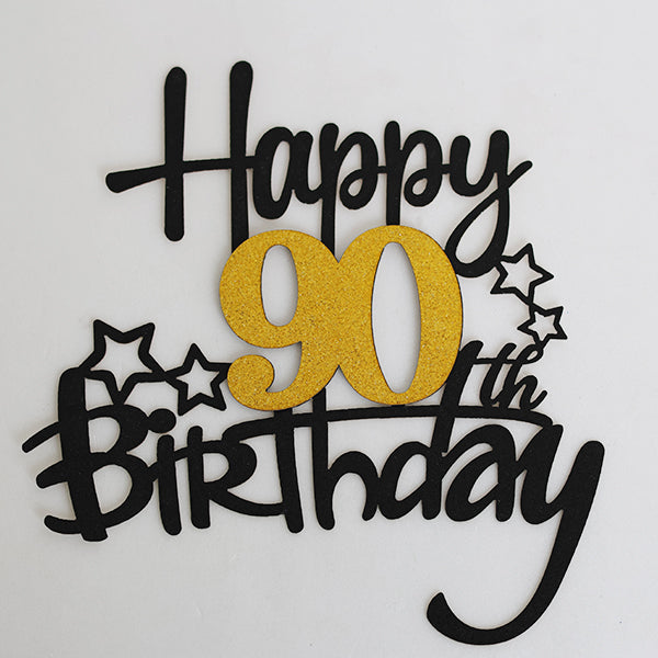 Black & Gold Glitter Happy 90th Birthday Cake Topper