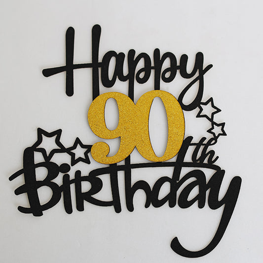 Black & Gold Glitter Happy 90th Birthday Cake Topper