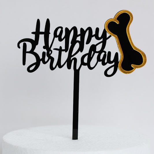 Black Acrylic Happy Birthday Dog Bone Cake Topper