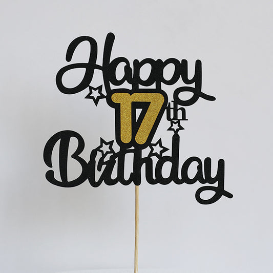 Black & Gold Glitter Happy 17th Birthday Cake Topper