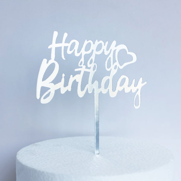 Silver Acrylic Happy Birthday Heart Cake Topper
