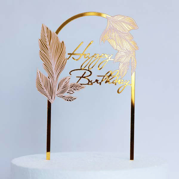 Gold Acrylic Happy Birthday Cake Topper With Leaves