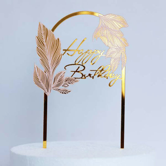 Gold Acrylic Happy Birthday Cake Topper With Leaves