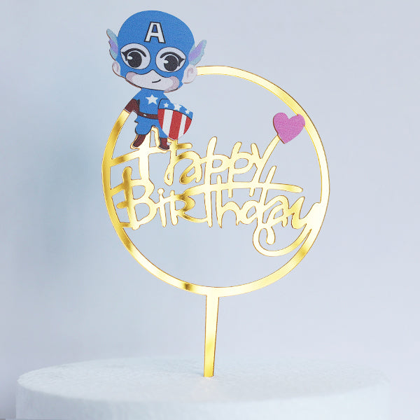 Gold Acrylic Geometric Happy Birthday With Captain America Cake Topper