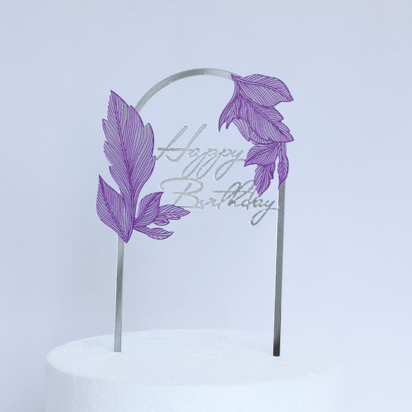 Silver Acrylic Happy Birthday Cake Topper With Purple Leaves