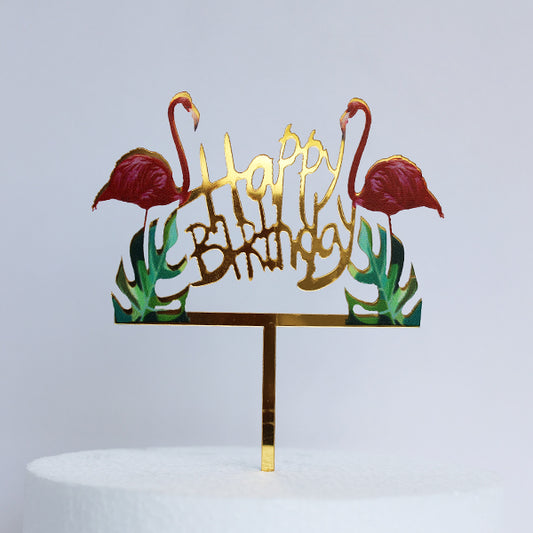 Gold Acrylic Happy Birthday Flamingo Cake Topper