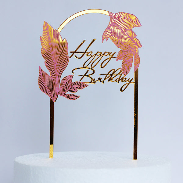 Gold Acrylic Happy Birthday Cake Topper With Pink Leaves