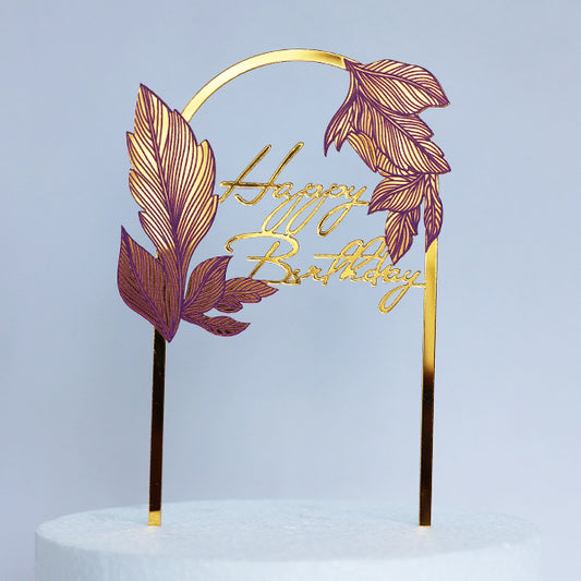 Gold Acrylic Happy Birthday Cake Topper With Purple Leaves