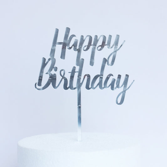 Silver Acrylic Happy Birthday Cake Topper