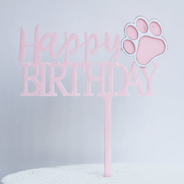 Pink Acrylic Happy Birthday Paw Cake Topper