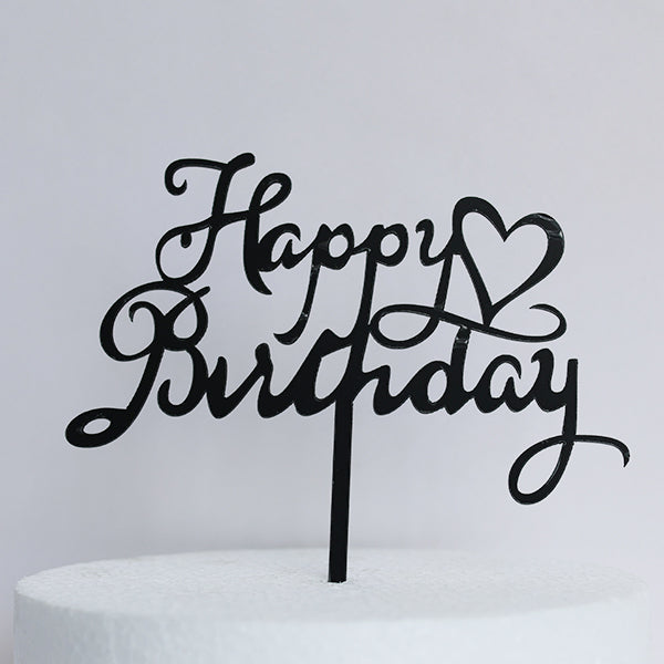 Black Acrylic Happy Birthday Heart Cake Topper