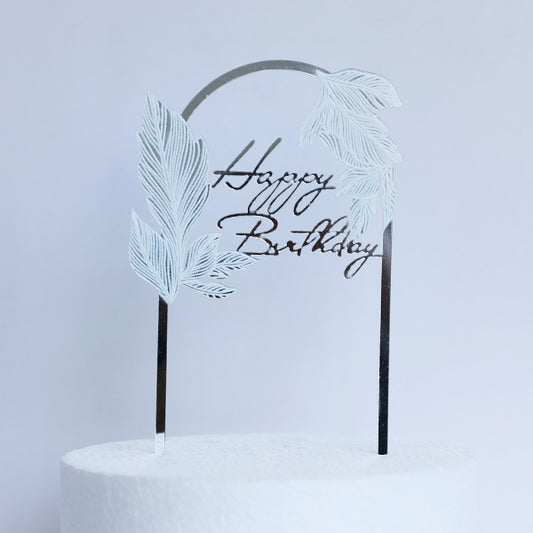 Silver Acrylic Happy Birthday Cake Topper With White Leaves